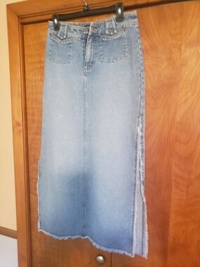 RARE Vintage FUBU Light Blue Denim Skirt with Frayed Side Slits